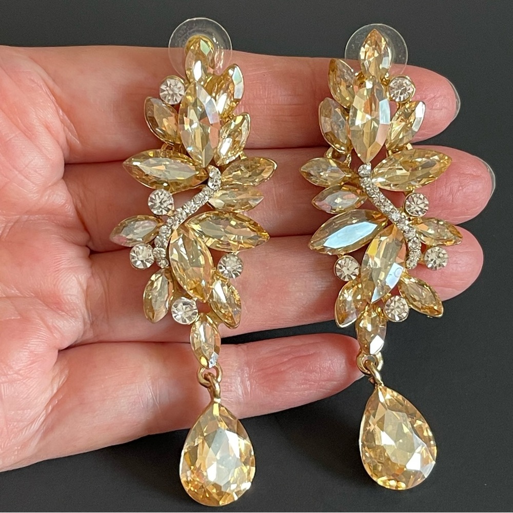 Gold Crystal Drop Earrings. - Picture 2 of 7